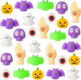 Haooryx 28PCS Glow In The Dark Halloween Mochi Toys Pumpkin Ghost Bat Squishies Squeeze Stress Relief Anxiety Toys for Kids Halloween Treat Goody Bags Filler Classroom Prize Bulk Party Favors