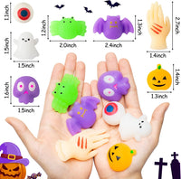 Haooryx 28PCS Glow In The Dark Halloween Mochi Toys Pumpkin Ghost Bat Squishies Squeeze Stress Relief Anxiety Toys for Kids Halloween Treat Goody Bags Filler Classroom Prize Bulk Party Favors