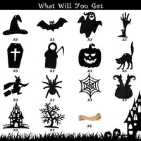 Haooryx 43PCS Halloween Wooden Slices Cutouts Halloween Wood Hanging Ornaments Halloween Black Cat Pumpkin Wood Crafts Decorative Pendant with Rope for Halloween Tree Home Trick or Treat Party Supply