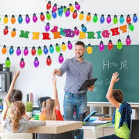 Haooryx 105Pcs Christmas Light Banner Bulletin Board Set Colorful Bulb Patterned Paper Cut-Outs Blackboard Border Nametag Decoration for Christmas Party Home School Classroom Whiteboard Window Decor