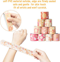 Haooryx 81PCS Hippie Girl Slap Bracelets with Groovy Daisy Flower Stickers Party Favors, Colorful Boho Hippie Wristband for Kids Birthday Boho Rainbow Party Decorations Classroom Rewards Supplies