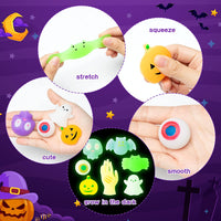 Haooryx 28PCS Glow In The Dark Halloween Mochi Toys Pumpkin Ghost Bat Squishies Squeeze Stress Relief Anxiety Toys for Kids Halloween Treat Goody Bags Filler Classroom Prize Bulk Party Favors