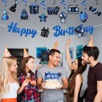 Haooryx 42Pcs Blue Birthday Party Decoration Set, Silver Navy Blue Happy Birthday Banner Hanging Swirls Cake Topper Cupcake Decorations Table Centerpieces for Boys Men Birthday Party Decor Supplies