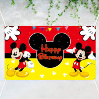 HAOORYX Mickey Happy Birthday Fabric Banner Backdrop, Mickey Party Decorations, Themed Party Favor supplies for Kids Baby Shower Photography Background -72.8 x 43.3 inch