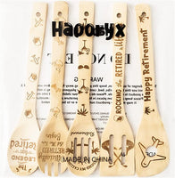 Haooryx 5Pcs Retirement Bamboo Spoon Utensils Set, Happy Retirement Kitchen Wooden Cooking Gadget Kit Non-stick Carve Spoons Burned Bamboo Cookware for Men Women Coworker Retirement Party Gifts