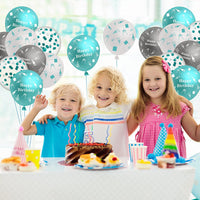 Haooryx 36Pcs Teal Turquoise and Sliver Balloons Birthday Party Decoration Kit, 12 Inches Latex Printed Balloon with Ribbon for Kids Teens Adults Birthday Party Indoor Outdoor Decor Supplies