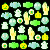 Haooryx 28PCS Glow In The Dark Halloween Mochi Toys Pumpkin Ghost Bat Squishies Squeeze Stress Relief Anxiety Toys for Kids Halloween Treat Goody Bags Filler Classroom Prize Bulk Party Favors