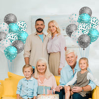 Haooryx 36Pcs Teal Turquoise and Sliver Balloons Birthday Party Decoration Kit, 12 Inches Latex Printed Balloon with Ribbon for Kids Teens Adults Birthday Party Indoor Outdoor Decor Supplies
