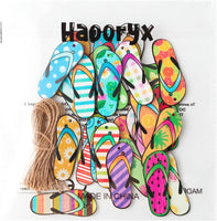 Haooryx 31PCS Summer Flip Flop Hanging Wood Ornaments Decorations Hawaii Beach Slippers Theme Wooden Slices Gift Tags Pendant with Rope Tree Ornament for Home Summer Luau Tropical Party Favors Supply