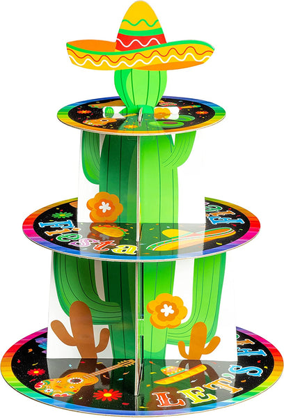 Haooryx Mexican Fiesta Party Cupcake Stand Decorations 3 Tier Let’s Fiesta Cupcake Tower Cardboard Cactus Sombrero Dessert Holder for Kids Cinco De Mayo Taco Summer Carnival Birthday Party Cake Supply