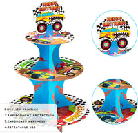 Haooryx Monster Truck Cupcake Stand Decorations, 3 Tier Truck Car Cupcake Tower Cardboard Racing Car Cupcake Dessert Candy Holders for Kids Boys Birthday Baby Shower Party Table Supplies