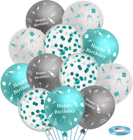 Haooryx 36Pcs Teal Turquoise and Sliver Balloons Birthday Party Decoration Kit, 12 Inches Latex Printed Balloon with Ribbon for Kids Teens Adults Birthday Party Indoor Outdoor Decor Supplies