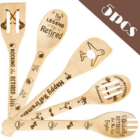 Haooryx 5Pcs Retirement Bamboo Spoon Utensils Set, Happy Retirement Kitchen Wooden Cooking Gadget Kit Non-stick Carve Spoons Burned Bamboo Cookware for Men Women Coworker Retirement Party Gifts