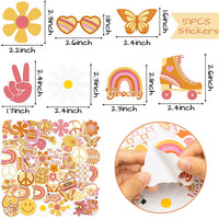 Haooryx 81PCS Hippie Girl Slap Bracelets with Groovy Daisy Flower Stickers Party Favors, Colorful Boho Hippie Wristband for Kids Birthday Boho Rainbow Party Decorations Classroom Rewards Supplies