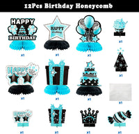 Haooryx 12Pcs Teal Birthday Centerpiece for Tables Decoration, Happy Birthday Honeycomb Centerpieces Teal Silver Table Toppers Decor for Girls and Women Birthday Party Supplies Photo Booth Prop