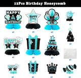 Haooryx 12Pcs Teal Birthday Centerpiece for Tables Decoration, Happy Birthday Honeycomb Centerpieces Teal Silver Table Toppers Decor for Girls and Women Birthday Party Supplies Photo Booth Prop