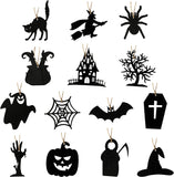 Haooryx 43PCS Halloween Wooden Slices Cutouts Halloween Wood Hanging Ornaments Halloween Black Cat Pumpkin Wood Crafts Decorative Pendant with Rope for Halloween Tree Home Trick or Treat Party Supply