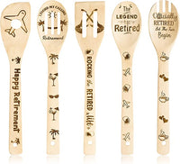 Haooryx 5Pcs Retirement Bamboo Spoon Utensils Set, Happy Retirement Kitchen Wooden Cooking Gadget Kit Non-stick Carve Spoons Burned Bamboo Cookware for Men Women Coworker Retirement Party Gifts