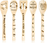 Haooryx 5Pcs Retirement Bamboo Spoon Utensils Set, Happy Retirement Kitchen Wooden Cooking Gadget Kit Non-stick Carve Spoons Burned Bamboo Cookware for Men Women Coworker Retirement Party Gifts