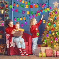 Haooryx 105Pcs Christmas Light Banner Bulletin Board Set Colorful Bulb Patterned Paper Cut-Outs Blackboard Border Nametag Decoration for Christmas Party Home School Classroom Whiteboard Window Decor