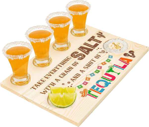 Haooryx Mexican Shot Glasses Serving Tray Wooden Tequila Shot Glass Holder Display with Salt Rim Heavy Base Tequila Handmade Flight Board for Vodka Whiskey Cocktail Liquor Bar Party Family Gathering