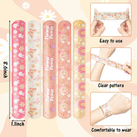 Haooryx 81PCS Hippie Girl Slap Bracelets with Groovy Daisy Flower Stickers Party Favors, Colorful Boho Hippie Wristband for Kids Birthday Boho Rainbow Party Decorations Classroom Rewards Supplies