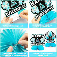 Haooryx 12Pcs Teal Birthday Centerpiece for Tables Decoration, Happy Birthday Honeycomb Centerpieces Teal Silver Table Toppers Decor for Girls and Women Birthday Party Supplies Photo Booth Prop