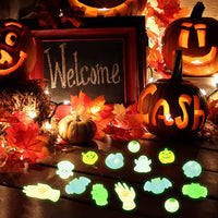 Haooryx 28PCS Glow In The Dark Halloween Mochi Toys Pumpkin Ghost Bat Squishies Squeeze Stress Relief Anxiety Toys for Kids Halloween Treat Goody Bags Filler Classroom Prize Bulk Party Favors