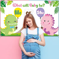 Haooryx Little Dino Gender Reveal Backdrop Banner, What Will Baby be He or She Dinosaur Theme Gender Reveal Party Photography Background Decoration Supplies Boy or Girl Baby Shower Photo Booth Props