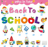 Haooryx 69Pcs Back to School Gnome Bulletin Board Decoration Set, Welcome Back to School Colorful Paper Patterned Cut-Outs Blackboard Border Trim for School Classroom Whiteboard Window Wall Decoration