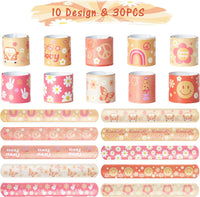 Haooryx 81PCS Hippie Girl Slap Bracelets with Groovy Daisy Flower Stickers Party Favors, Colorful Boho Hippie Wristband for Kids Birthday Boho Rainbow Party Decorations Classroom Rewards Supplies