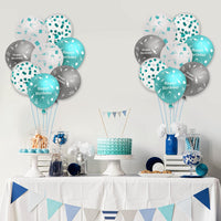 Haooryx 36Pcs Teal Turquoise and Sliver Balloons Birthday Party Decoration Kit, 12 Inches Latex Printed Balloon with Ribbon for Kids Teens Adults Birthday Party Indoor Outdoor Decor Supplies