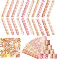 Haooryx 81PCS Hippie Girl Slap Bracelets with Groovy Daisy Flower Stickers Party Favors, Colorful Boho Hippie Wristband for Kids Birthday Boho Rainbow Party Decorations Classroom Rewards Supplies