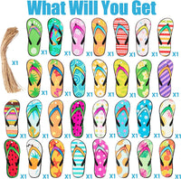 Haooryx 31PCS Summer Flip Flop Hanging Wood Ornaments Decorations Hawaii Beach Slippers Theme Wooden Slices Gift Tags Pendant with Rope Tree Ornament for Home Summer Luau Tropical Party Favors Supply
