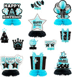 Haooryx 12Pcs Teal Birthday Centerpiece for Tables Decoration, Happy Birthday Honeycomb Centerpieces Teal Silver Table Toppers Decor for Girls and Women Birthday Party Supplies Photo Booth Prop