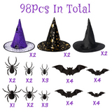 Haooryx 98Pcs Halloween Witch Hat Black Witch Costume Accessory, 3D Bats Spider Wall Decal Party Favor Halloween Costume Decoration Set for Kid Adult Halloween Cosplay Party Supplies Wall Window Decor