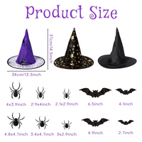 Haooryx 98Pcs Halloween Witch Hat Black Witch Costume Accessory, 3D Bats Spider Wall Decal Party Favor Halloween Costume Decoration Set for Kid Adult Halloween Cosplay Party Supplies Wall Window Decor
