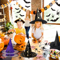 Haooryx 98Pcs Halloween Witch Hat Black Witch Costume Accessory, 3D Bats Spider Wall Decal Party Favor Halloween Costume Decoration Set for Kid Adult Halloween Cosplay Party Supplies Wall Window Decor