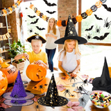 Haooryx 98Pcs Halloween Witch Hat Black Witch Costume Accessory, 3D Bats Spider Wall Decal Party Favor Halloween Costume Decoration Set for Kid Adult Halloween Cosplay Party Supplies Wall Window Decor